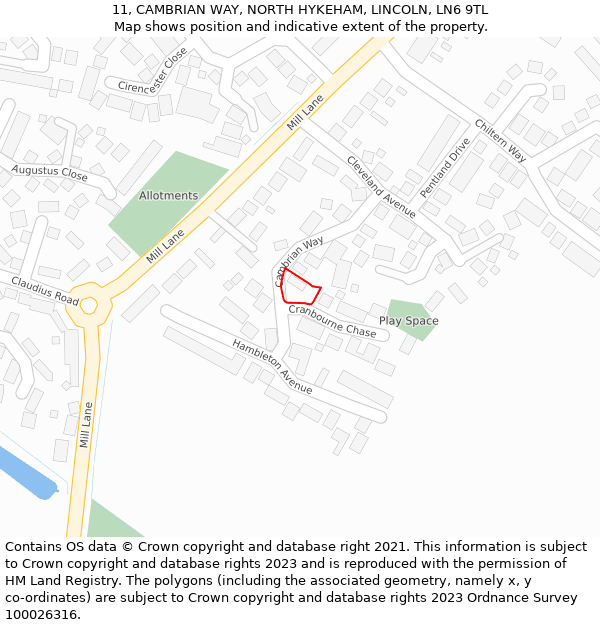 11, CAMBRIAN WAY, NORTH HYKEHAM, LINCOLN, LN6 9TL: Location map and indicative extent of plot