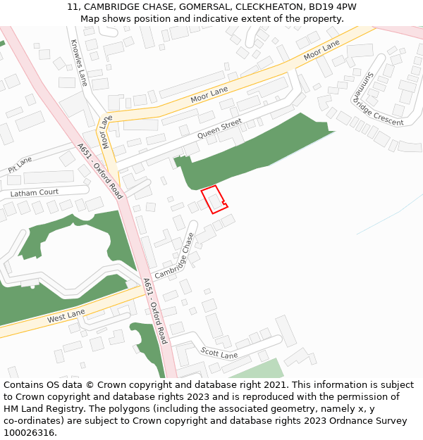 11, CAMBRIDGE CHASE, GOMERSAL, CLECKHEATON, BD19 4PW: Location map and indicative extent of plot