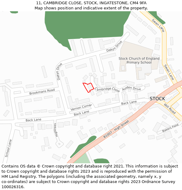 11, CAMBRIDGE CLOSE, STOCK, INGATESTONE, CM4 9FA: Location map and indicative extent of plot