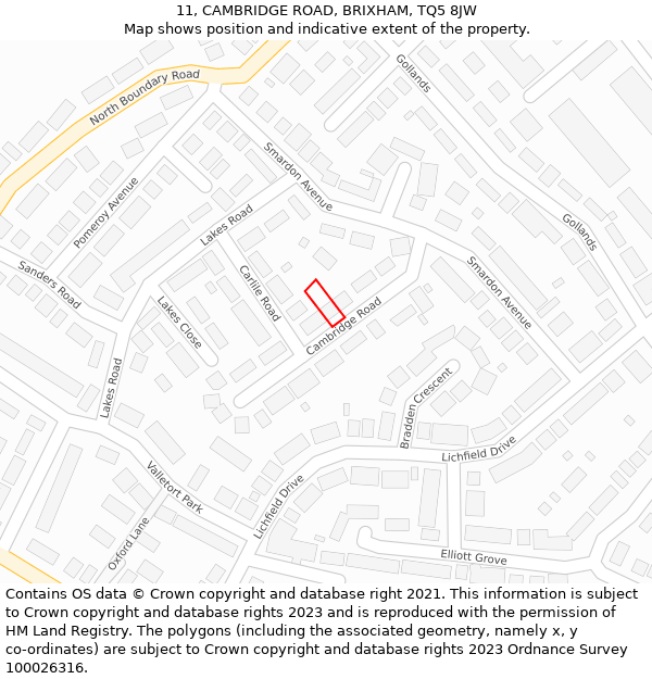 11, CAMBRIDGE ROAD, BRIXHAM, TQ5 8JW: Location map and indicative extent of plot