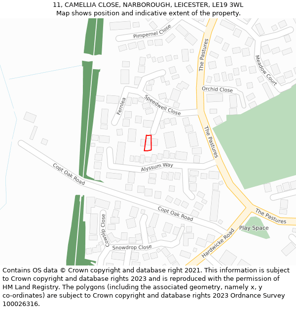 11, CAMELLIA CLOSE, NARBOROUGH, LEICESTER, LE19 3WL: Location map and indicative extent of plot