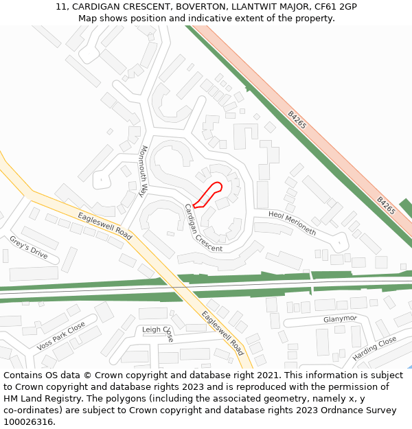 11, CARDIGAN CRESCENT, BOVERTON, LLANTWIT MAJOR, CF61 2GP: Location map and indicative extent of plot