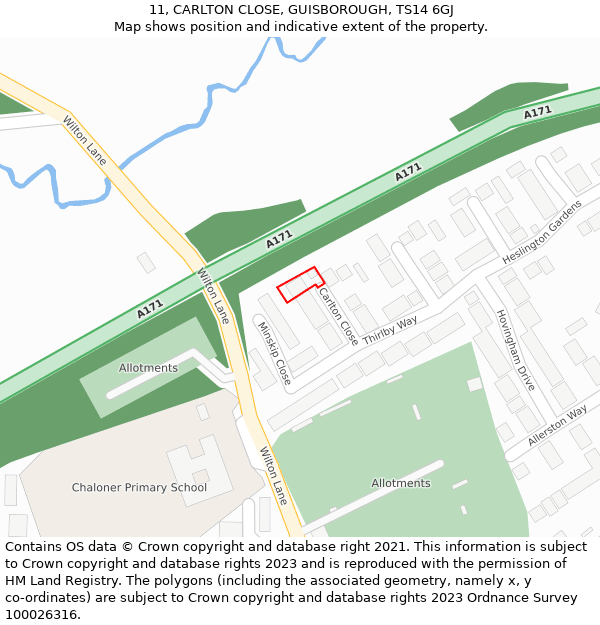 11, CARLTON CLOSE, GUISBOROUGH, TS14 6GJ: Location map and indicative extent of plot