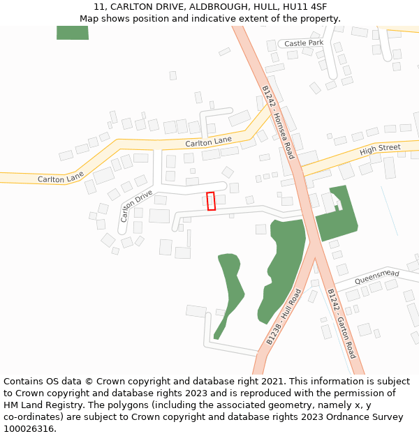 11, CARLTON DRIVE, ALDBROUGH, HULL, HU11 4SF: Location map and indicative extent of plot