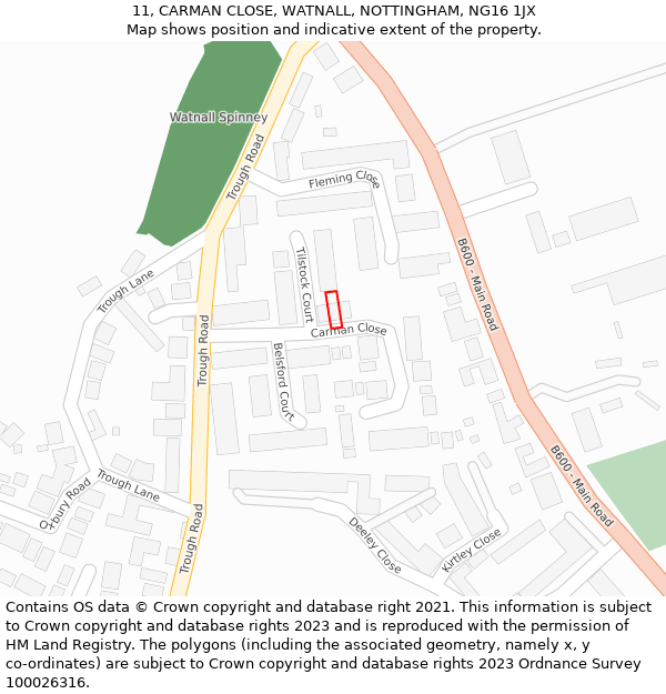 11, CARMAN CLOSE, WATNALL, NOTTINGHAM, NG16 1JX: Location map and indicative extent of plot