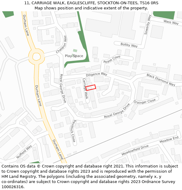 11, CARRIAGE WALK, EAGLESCLIFFE, STOCKTON-ON-TEES, TS16 0RS: Location map and indicative extent of plot