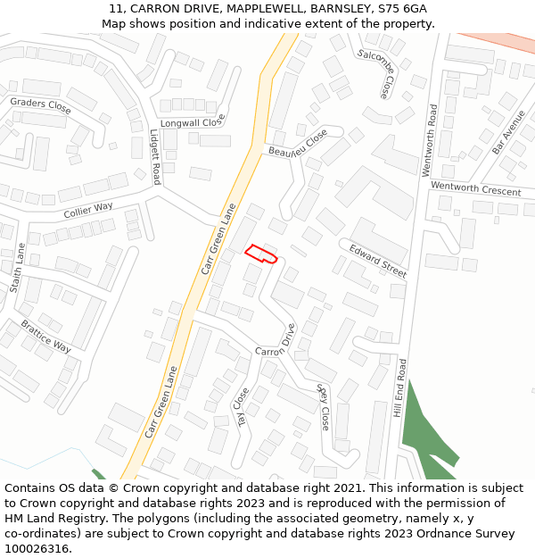 11, CARRON DRIVE, MAPPLEWELL, BARNSLEY, S75 6GA: Location map and indicative extent of plot