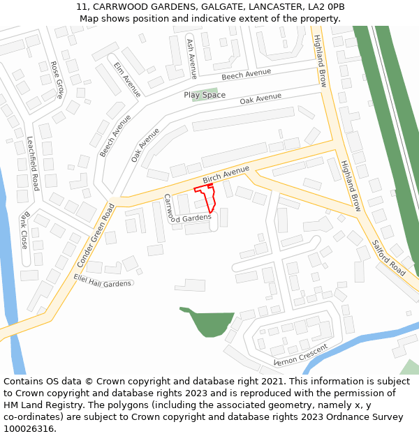 11, CARRWOOD GARDENS, GALGATE, LANCASTER, LA2 0PB: Location map and indicative extent of plot