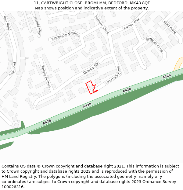 11, CARTWRIGHT CLOSE, BROMHAM, BEDFORD, MK43 8QF: Location map and indicative extent of plot