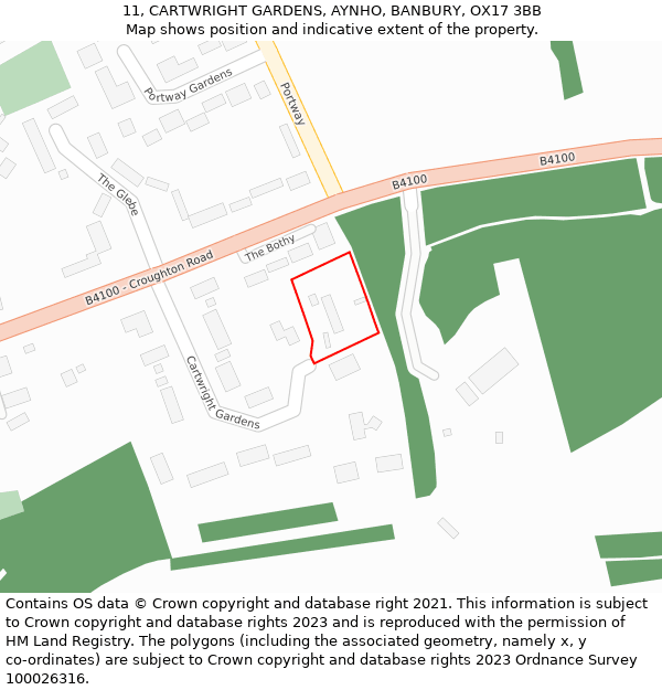 11, CARTWRIGHT GARDENS, AYNHO, BANBURY, OX17 3BB: Location map and indicative extent of plot