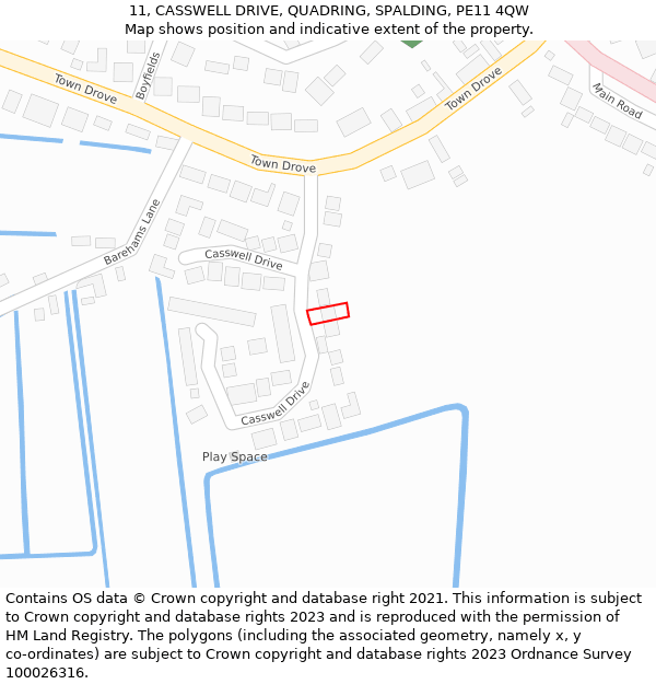 11, CASSWELL DRIVE, QUADRING, SPALDING, PE11 4QW: Location map and indicative extent of plot