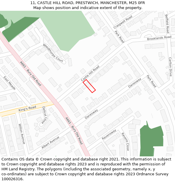 11, CASTLE HILL ROAD, PRESTWICH, MANCHESTER, M25 0FR: Location map and indicative extent of plot