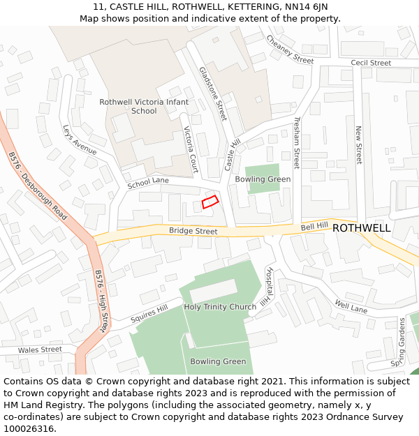 11, CASTLE HILL, ROTHWELL, KETTERING, NN14 6JN: Location map and indicative extent of plot
