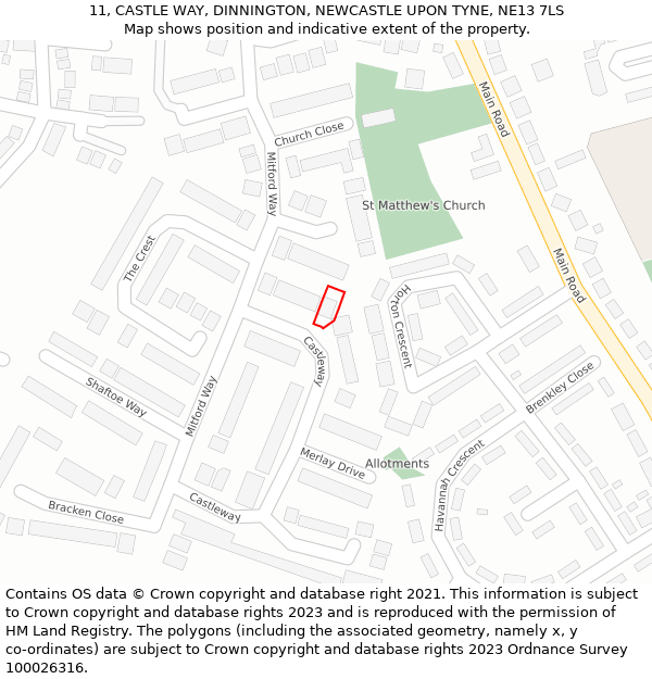 11, CASTLE WAY, DINNINGTON, NEWCASTLE UPON TYNE, NE13 7LS: Location map and indicative extent of plot