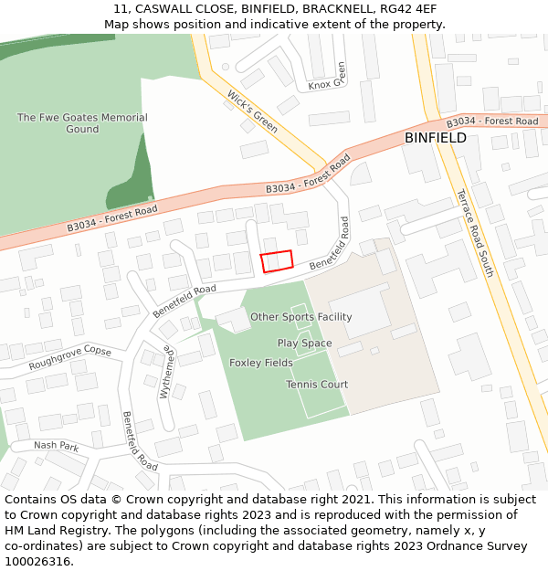 11, CASWALL CLOSE, BINFIELD, BRACKNELL, RG42 4EF: Location map and indicative extent of plot