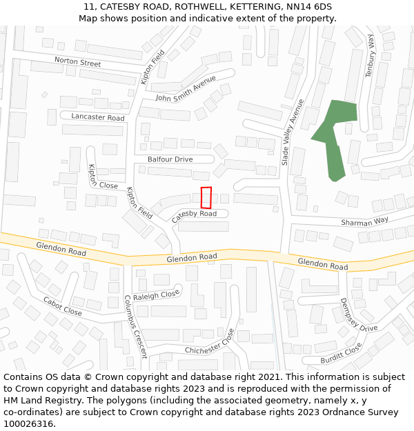 11, CATESBY ROAD, ROTHWELL, KETTERING, NN14 6DS: Location map and indicative extent of plot