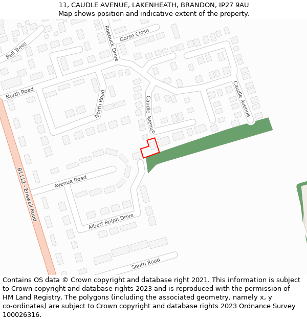 11, CAUDLE AVENUE, LAKENHEATH, BRANDON, IP27 9AU: Location map and indicative extent of plot