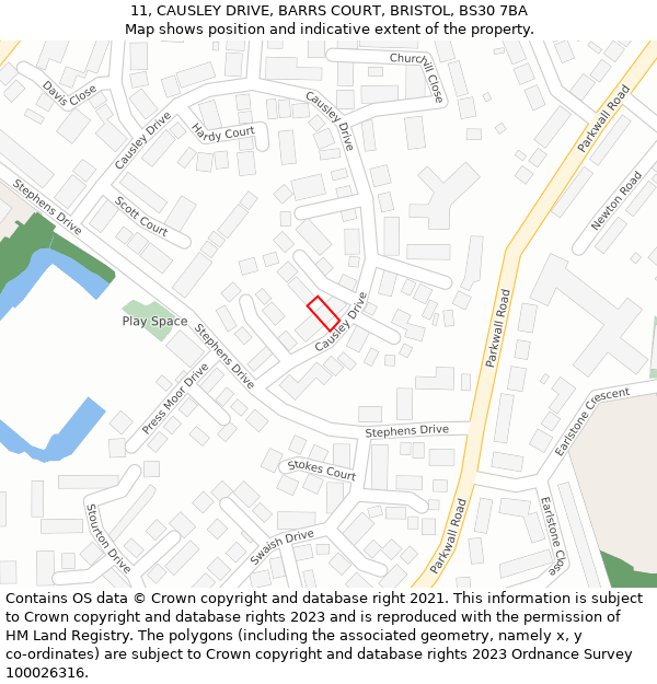 11, CAUSLEY DRIVE, BARRS COURT, BRISTOL, BS30 7BA: Location map and indicative extent of plot