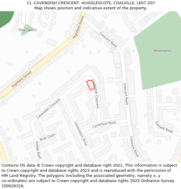 11, CAVENDISH CRESCENT, HUGGLESCOTE, COALVILLE, LE67 2GY: Location map and indicative extent of plot