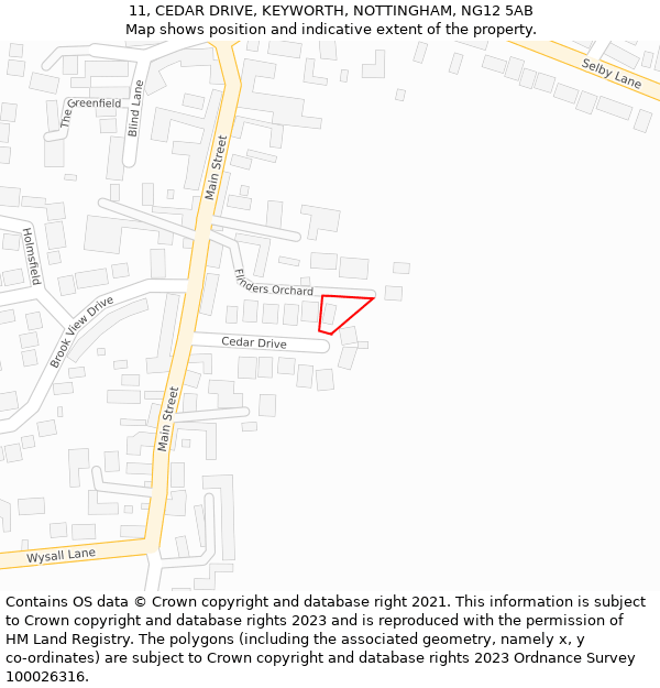 11, CEDAR DRIVE, KEYWORTH, NOTTINGHAM, NG12 5AB: Location map and indicative extent of plot