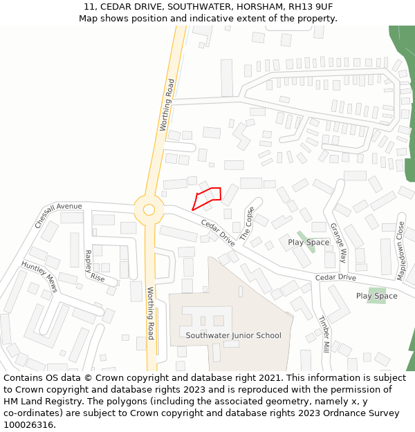 11, CEDAR DRIVE, SOUTHWATER, HORSHAM, RH13 9UF: Location map and indicative extent of plot