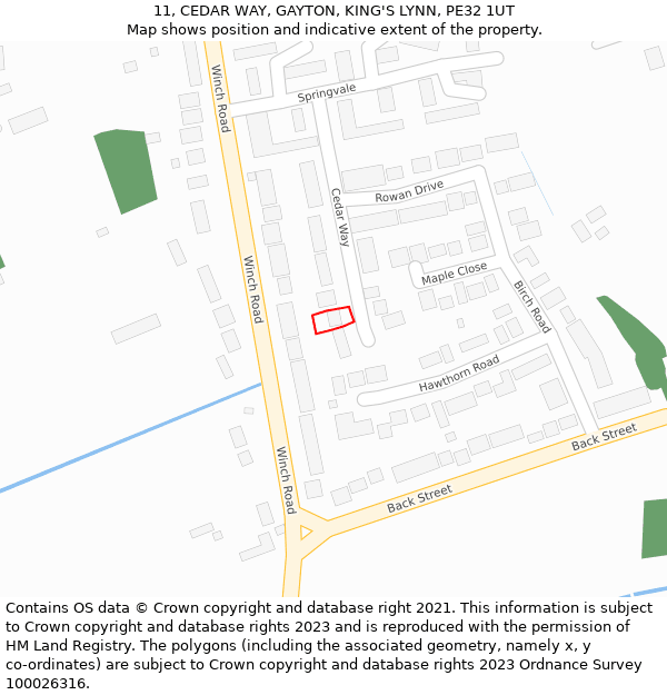 11, CEDAR WAY, GAYTON, KING'S LYNN, PE32 1UT: Location map and indicative extent of plot