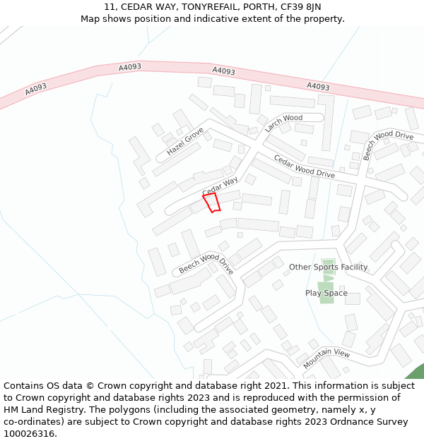 11, CEDAR WAY, TONYREFAIL, PORTH, CF39 8JN: Location map and indicative extent of plot