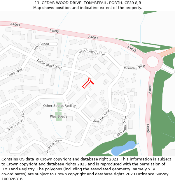 11, CEDAR WOOD DRIVE, TONYREFAIL, PORTH, CF39 8JB: Location map and indicative extent of plot