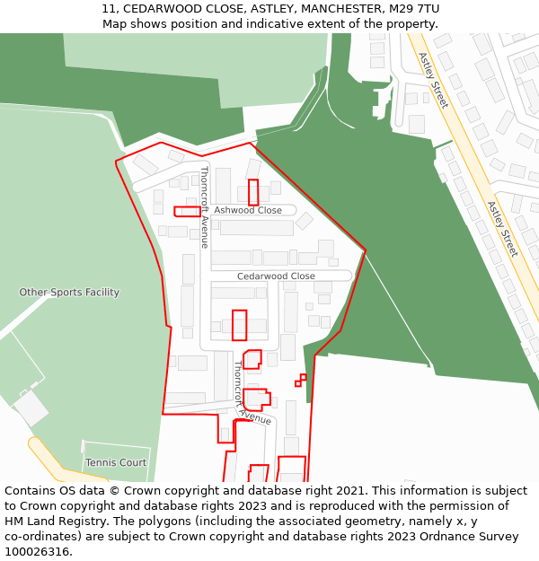 11, CEDARWOOD CLOSE, ASTLEY, MANCHESTER, M29 7TU: Location map and indicative extent of plot