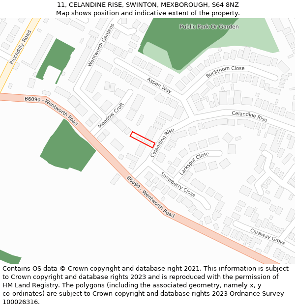 11, CELANDINE RISE, SWINTON, MEXBOROUGH, S64 8NZ: Location map and indicative extent of plot