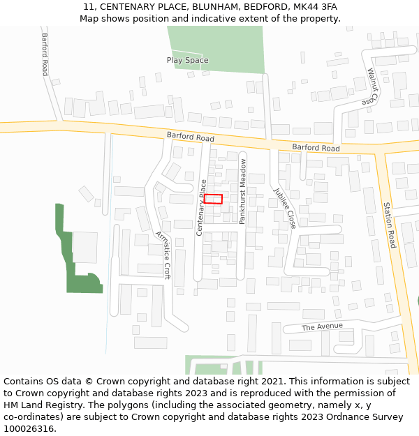 11, CENTENARY PLACE, BLUNHAM, BEDFORD, MK44 3FA: Location map and indicative extent of plot