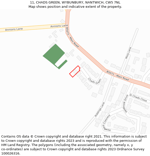 11, CHADS GREEN, WYBUNBURY, NANTWICH, CW5 7NL: Location map and indicative extent of plot