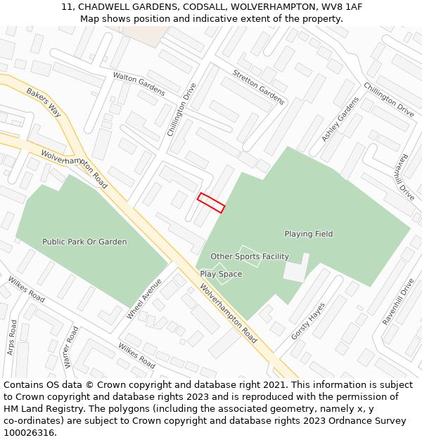 11, CHADWELL GARDENS, CODSALL, WOLVERHAMPTON, WV8 1AF: Location map and indicative extent of plot