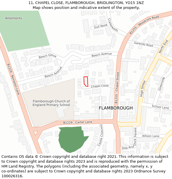 11, CHAPEL CLOSE, FLAMBOROUGH, BRIDLINGTON, YO15 1NZ: Location map and indicative extent of plot