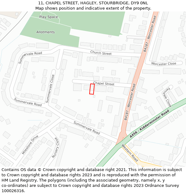 11, CHAPEL STREET, HAGLEY, STOURBRIDGE, DY9 0NL: Location map and indicative extent of plot