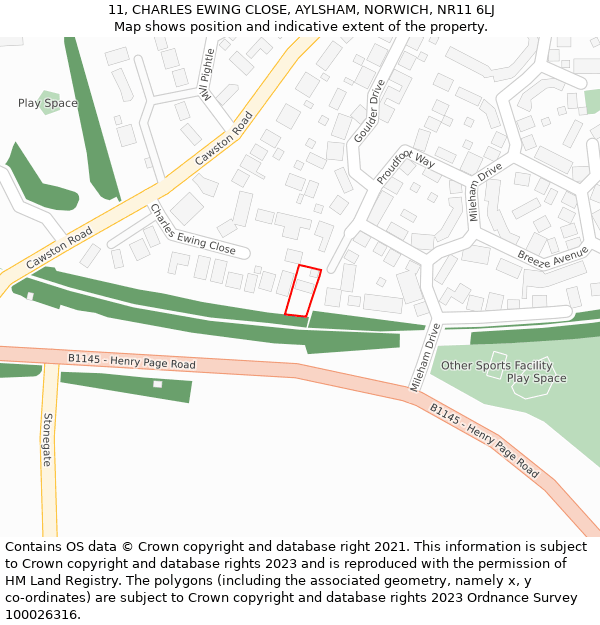 11, CHARLES EWING CLOSE, AYLSHAM, NORWICH, NR11 6LJ: Location map and indicative extent of plot