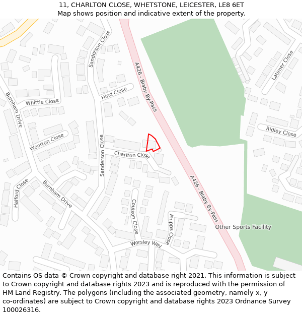 11, CHARLTON CLOSE, WHETSTONE, LEICESTER, LE8 6ET: Location map and indicative extent of plot