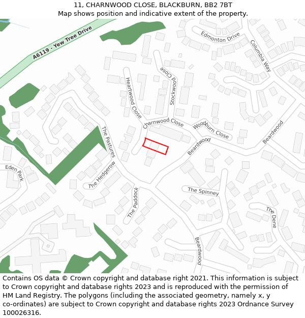 11, CHARNWOOD CLOSE, BLACKBURN, BB2 7BT: Location map and indicative extent of plot