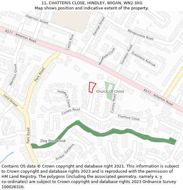 11, CHATTERIS CLOSE, HINDLEY, WIGAN, WN2 3XG: Location map and indicative extent of plot