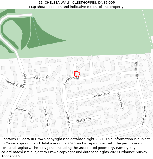 11, CHELSEA WALK, CLEETHORPES, DN35 0QP: Location map and indicative extent of plot