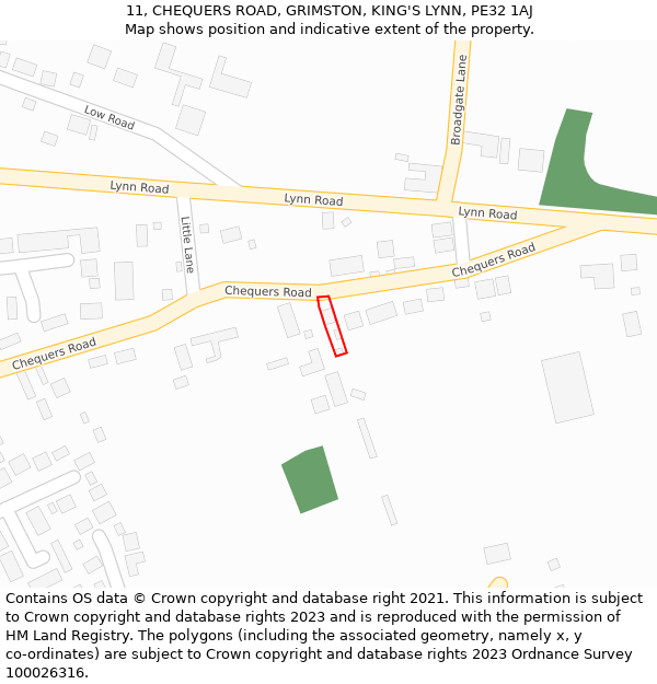 11, CHEQUERS ROAD, GRIMSTON, KING'S LYNN, PE32 1AJ: Location map and indicative extent of plot