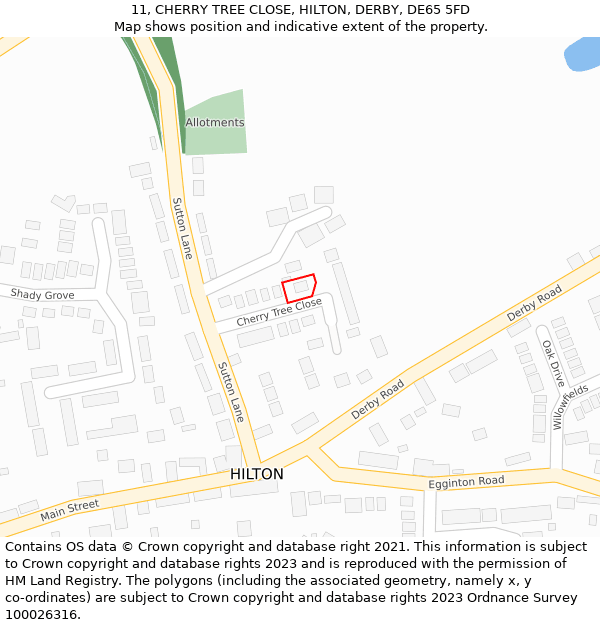 11, CHERRY TREE CLOSE, HILTON, DERBY, DE65 5FD: Location map and indicative extent of plot