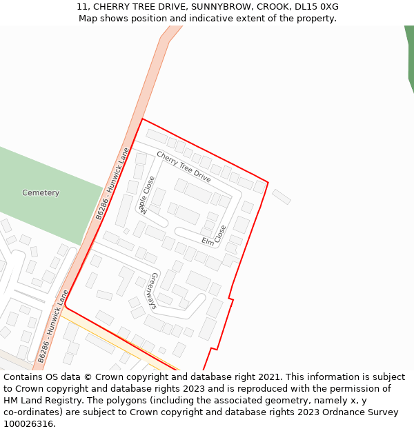 11, CHERRY TREE DRIVE, SUNNYBROW, CROOK, DL15 0XG: Location map and indicative extent of plot