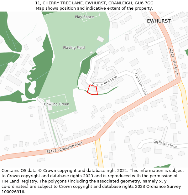 11, CHERRY TREE LANE, EWHURST, CRANLEIGH, GU6 7GG: Location map and indicative extent of plot