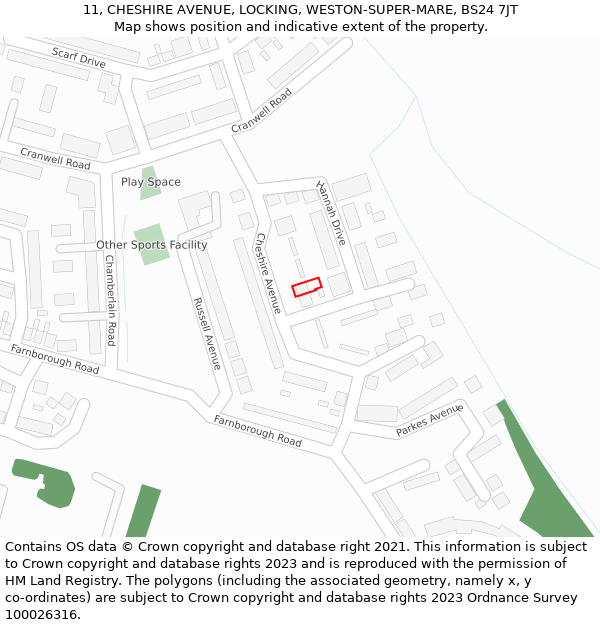 11, CHESHIRE AVENUE, LOCKING, WESTON-SUPER-MARE, BS24 7JT: Location map and indicative extent of plot