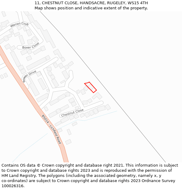11, CHESTNUT CLOSE, HANDSACRE, RUGELEY, WS15 4TH: Location map and indicative extent of plot