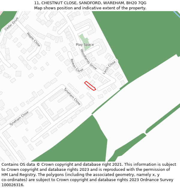 11, CHESTNUT CLOSE, SANDFORD, WAREHAM, BH20 7QG: Location map and indicative extent of plot