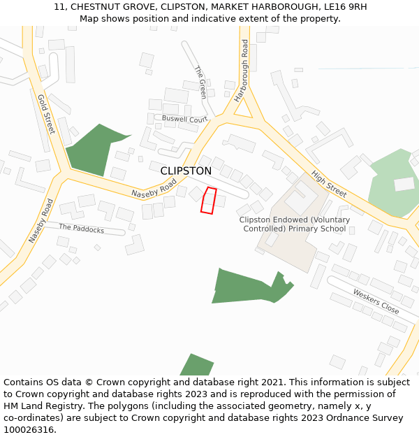 11, CHESTNUT GROVE, CLIPSTON, MARKET HARBOROUGH, LE16 9RH: Location map and indicative extent of plot