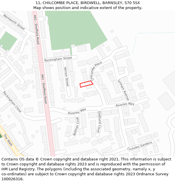 11, CHILCOMBE PLACE, BIRDWELL, BARNSLEY, S70 5SX: Location map and indicative extent of plot