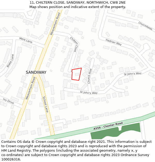 11, CHILTERN CLOSE, SANDIWAY, NORTHWICH, CW8 2NE: Location map and indicative extent of plot